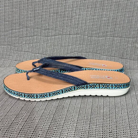 BOBS By Skechers Womens size 10 Navy Blue Wedge Flip-Flops Patterned Edge Soles - Picture 2 of 7